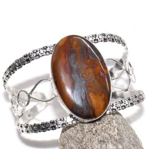 Tiger Iron Gemstone 925 Sterling Silver Handmade Adjustable Cuff Bracelet